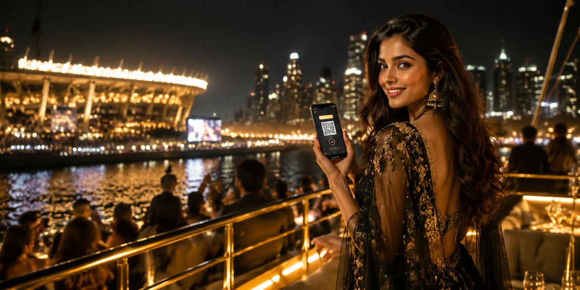 User logging in on mobile device with Bollywood background